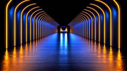Aufkleber - Tunnel with orange and blue lights and a train in the middle. The tunnel is long and narrow, and the train is the only thing visible in the middle of it. The lights create a sense of depth