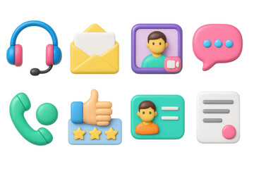 Retro communication icons set – headset, email, chat, phone, profile. 3D icon set
