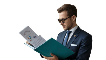 confident businessman reviewing financial data charts graphs analysis on transparent background tie