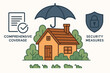 © Sonya - Vector illustration explaining essential home insurance concepts: Comprehensive coverage document, security measures shield icon, and umbrella protecting a residential property.