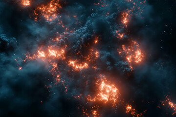 Wall Mural - close up of a fire in space with a blue background. The fire is orange and blue in color