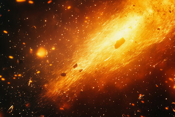 Wall Mural - bright orange space with a lot of debris and a bright yellow star. The debris is scattered all over the space and the star is shining brightly. Scene is energetic and chaotic, with the bright colors
