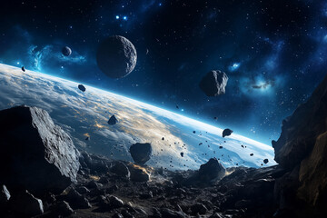 Wall Mural - space scene with a planet and a bunch of rocks. The rocks are scattered all over the planet and some of them are floating in the air. The scene gives off a sense of chaos and destruction