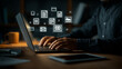 © The Pixel Store - Close-up of programmer typing on laptop with digital folders and documents appearing in fast motion
