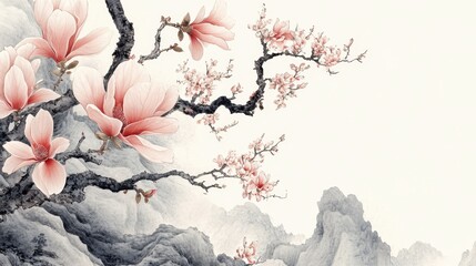 Elegant blossom tree branch with flowers landscape in serene artwork
