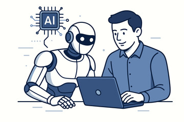 Man and AI robot using a laptop together in a flat line art style vector graphic, representing human-robot collaboration, artificial intelligence integration, future technology, and partnership.