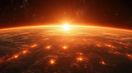 Wall Mural - Fiery sunrise over a planet's surface.