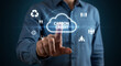 © Cosmic joy - A person touching a carbon credit cloud icon with other related icons on a digital interface