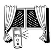 © farshid - Smart curtain motor with a window and drawn curtains icon vector. Motorized smart curtain system symbol