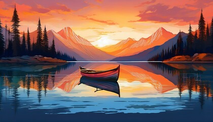 Wall Mural - vibrant illustration of a serene mountain lake at dusk with a lone boat reflecting orange and blue hues in water
