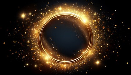 Wall Mural - golden glowing circle frame with glitter and light particles on a black background