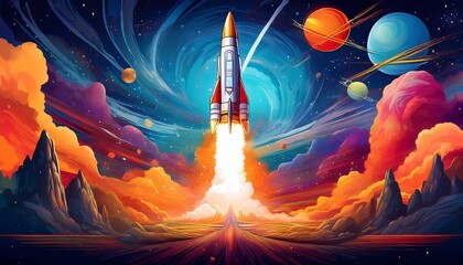 Wall Mural - vibrant space themed digital illustration depicting a rocket launch with fiery colors distant planet and dreamlike landscape under a starry sky