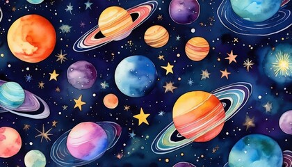 Wall Mural - a watercolor cosmos seamless pattern with planets stars and galaxies on a dark blue space background generative ai