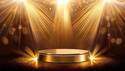 Wall Mural - golden podium illuminated by spotlights award ceremony stage with rays and sparks