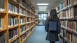 © isend - A student walks through a well-lit library hallway.