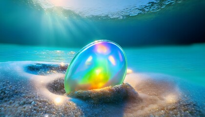 Wall Mural - a glowing opal partially buried in wet sand under a calm turquoise sea