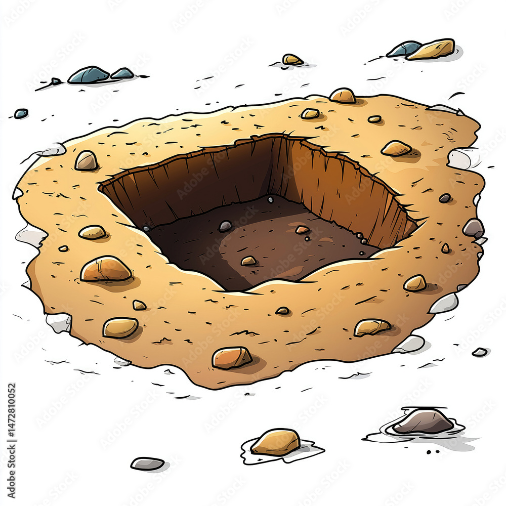 A square hole dug in sandy ground, rocks scattered around Stock ...