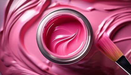 Wall Mural - a vibrant close up of a jar of pink paint with a brush resting on top perfect for artistic creations