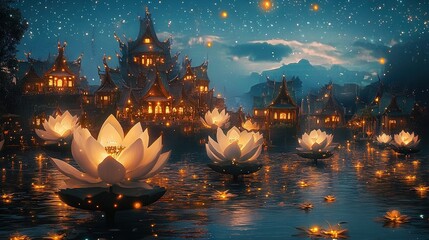 Wall Mural - a cluster of lilies floating on a lake at night under a star-filled sky