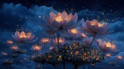 Wall Mural - flowers float in air, city below, sky in front