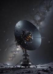 Wall Mural - sleek satellite with large antenna against star-filled backdrop , powerful, engineering, exploration