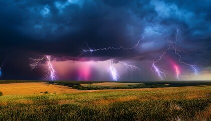 Wall Mural - clouds with colorful lightning in a stormy landscape a storm is raging in the skies illuminating masses of thunderclouds with flashes