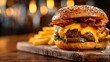 © Anna - A cheeseburger with bacon & pickles on a wooden cutting board, served with French fries