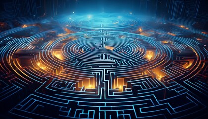 Wall Mural - intricate maze with glowing accents on a dark blue background evoking mystery and complexity