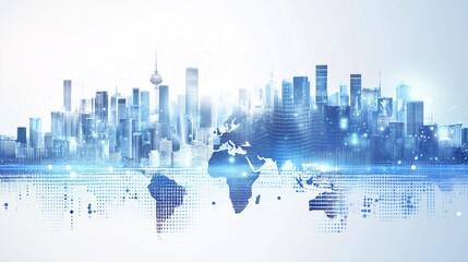 Fototapete - Futuristic digital cityscape overlaying glowing blue world map representing smart cities, connectivity and global innovation, Generative AI