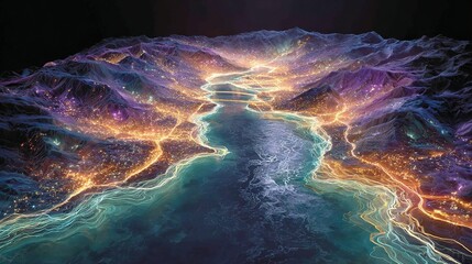 Wall Mural - a photo of a river flowing through a mountain range at night with a blue-green hue and a starry sky 