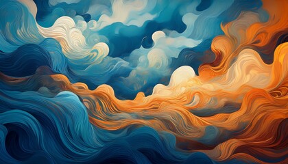 Wall Mural - abstract landscape of swirling textured clouds in cool blues and warm oranges