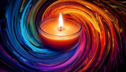 Wall Mural - vibrant swirling colors surround a glowing candle illuminating the abstract artistic background with