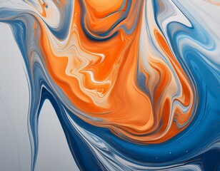 Wall Mural - abstract fluid texture in vibrant orange and bright blue flowing over light gray painted background 