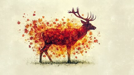 Canvas Print -   A painting of a deer with numerous leaves on its back and prominent antlers adorning its hindquarters