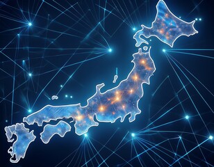 Wall Mural - glowing nodes of japan a digital illustration showcasing japan s geography with intricate glowing no