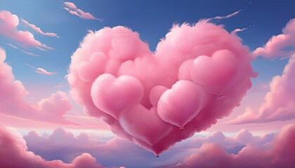 Wall Mural - pink heart shaped clouds on sky scene fluffy cotton candy dream fantasy soft background