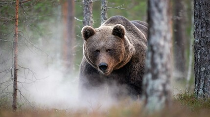 Canvas Print -   A majestic brown bear dominates the lush forest, exuding smoke from its maw