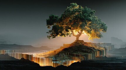 Wall Mural - a majestic tree rests atop a tiny island amidst a serene water expanse, framed by an urban skyline