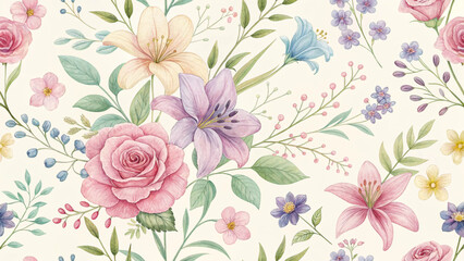  A repeating pattern of various flowers and foliage, rendered in a watercolor style.  Soft, pastel colors including pinks, purples, blues, and yellows are used to depict a variety of blossoms, includin