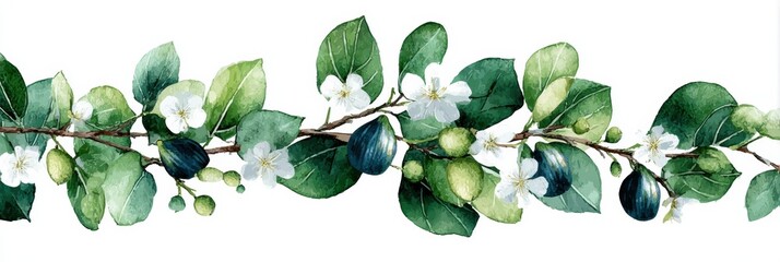 Poster - Decorative Watercolor Border Featuring Figs and Branches With Delicate Foliage and Blossoms, Ideal for Enhancing Invitations or Art Projects
