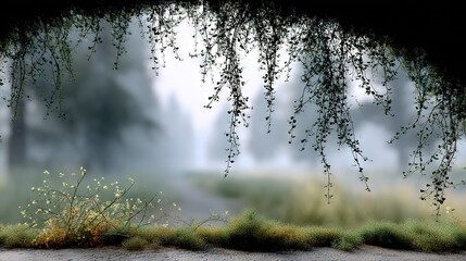 Wall Mural - vines dangling from tree side, foggy forest backdrop with yellow flowers