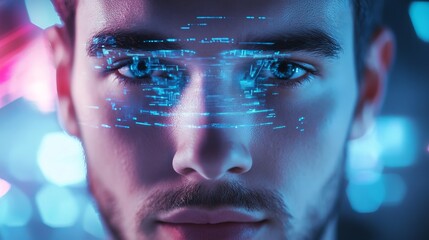 Wall Mural - closeup portrait of a man with futuristic digital overlay on face eye blue neon glow data code dark
