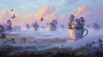 Wall Mural -   A painting of a coffee cup amidst a foggy field with a castle at its center