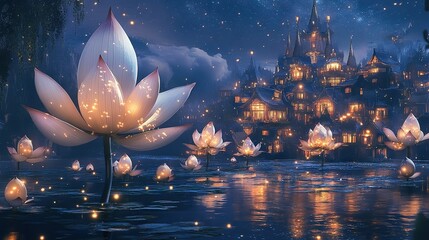 Wall Mural -  A painting depicts a nocturnal view of a castle against illuminated water lilies in the foreground