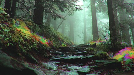 Wall Mural -   A path in a dense woodland, surrounded by boulders and foliage on either side, is veiled in mist