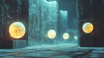 Wall Mural - magical relic vault glowing orbs 3d render scene video game concept background illustration digital 