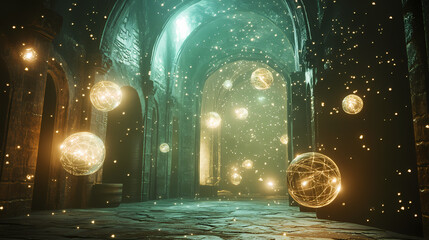 Wall Mural - Magical relic vault glowing orbs 3d render scene video game concept background illustration digital artwork. [Digital Relics] | Lost Firmware | buried protocol. Illustration