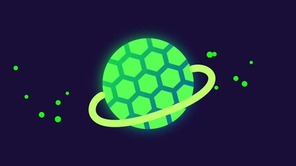 a surreal green planet featuring a hexagonal surface design orbits quietly in space, suggesting a sy