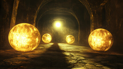 Wall Mural - Magical relic vault glowing orbs 3d render scene video game concept background illustration digital artwork. [Digital Relics] | Script Altar | encoded chant. Illustration