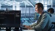 © DC Studio - Man working in server hub capable of processing vast amounts of data. IT programmer at PC desk typing on keyboard, updating servers controlling network resources, camera A